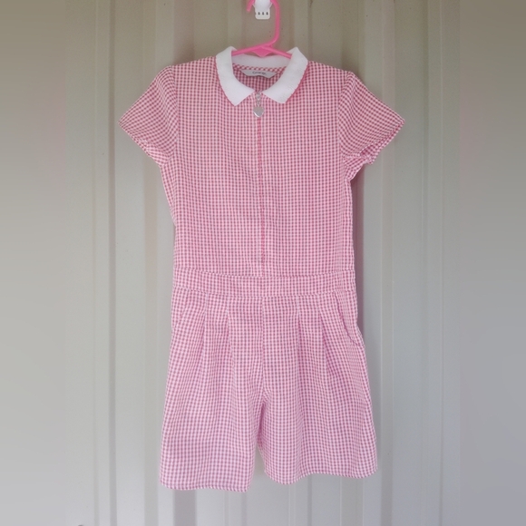 Girls Vintage Seersucker Red & Ehite Gingham Romper Size 5 to 6 Peter Pan Collar - Picture 1 of 4